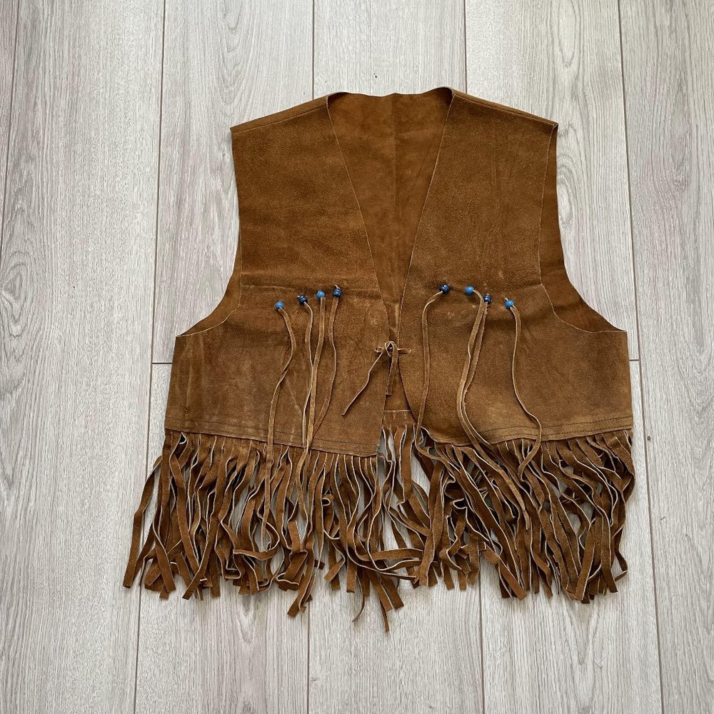 Leather Vest Fringe and Beads Women's Brown V-Neck